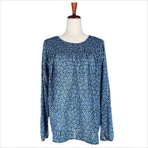 MICHAEL Michael Kors Blue Gold Leaf Smocked Sheer Popover Top Size M
